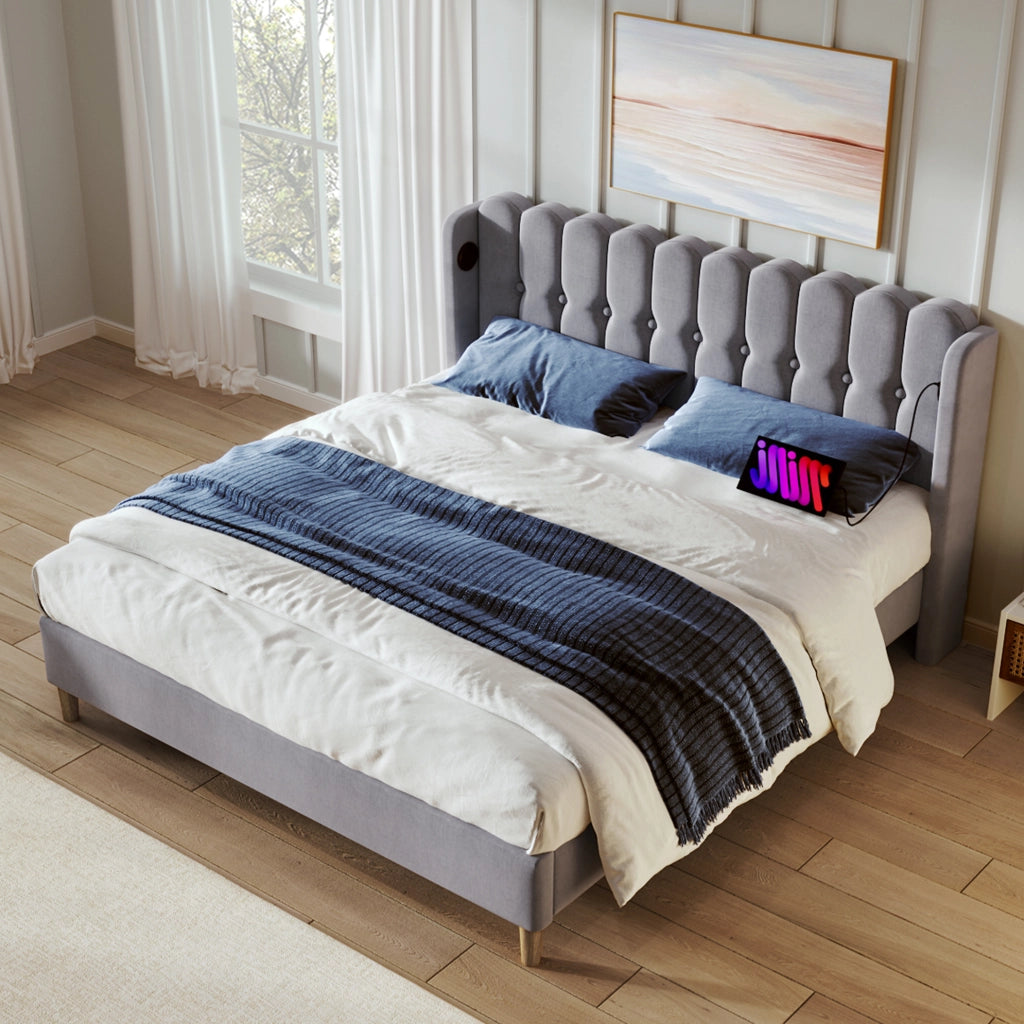 Letto imbottito 140x200 cm grigio con USB e USB-C