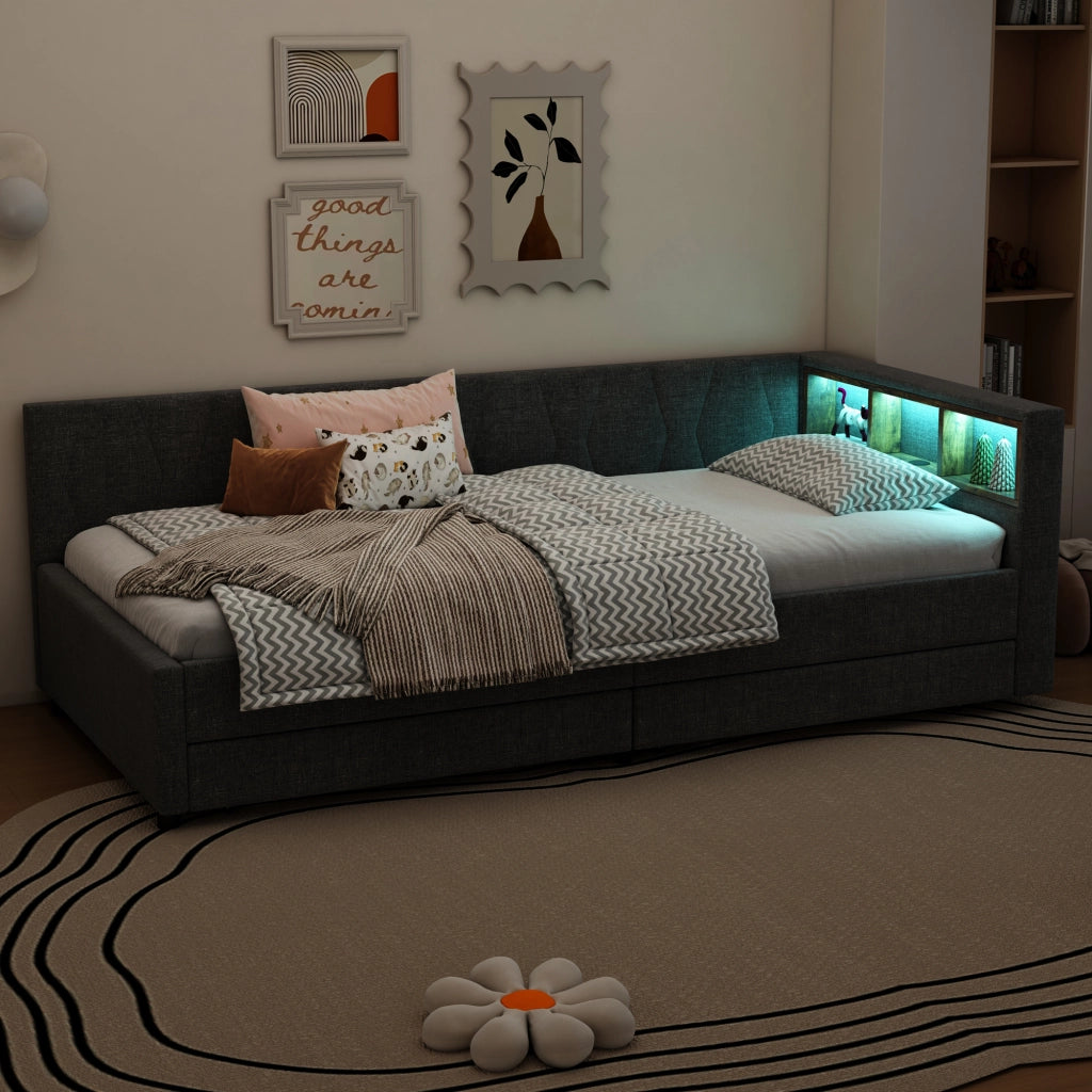Letto con cassetti 90 × 200 cm con LED USB e Type-C in lino e MDF grigio con vani nella testiera