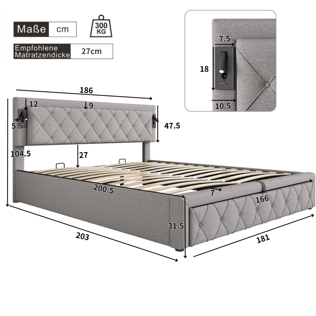 Letto imbottito contenitore idraulico con USB e downlight; lino grigio