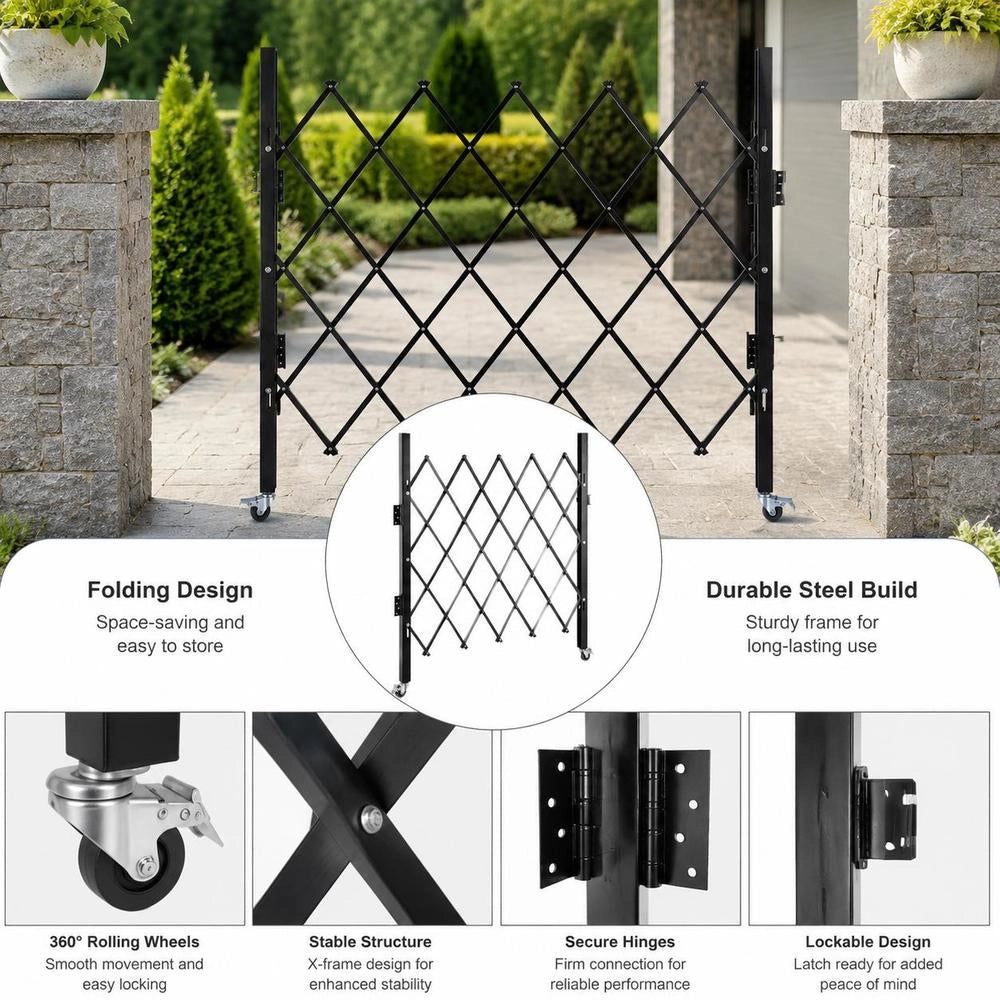 Single Folding Security Gate, 48 X 66 Inch Folding Door Gate, Accordion Steel Security Gate, Flexible Expandable Security Gate, Rolling Barricade Gate, Scissor Gate With Padlock