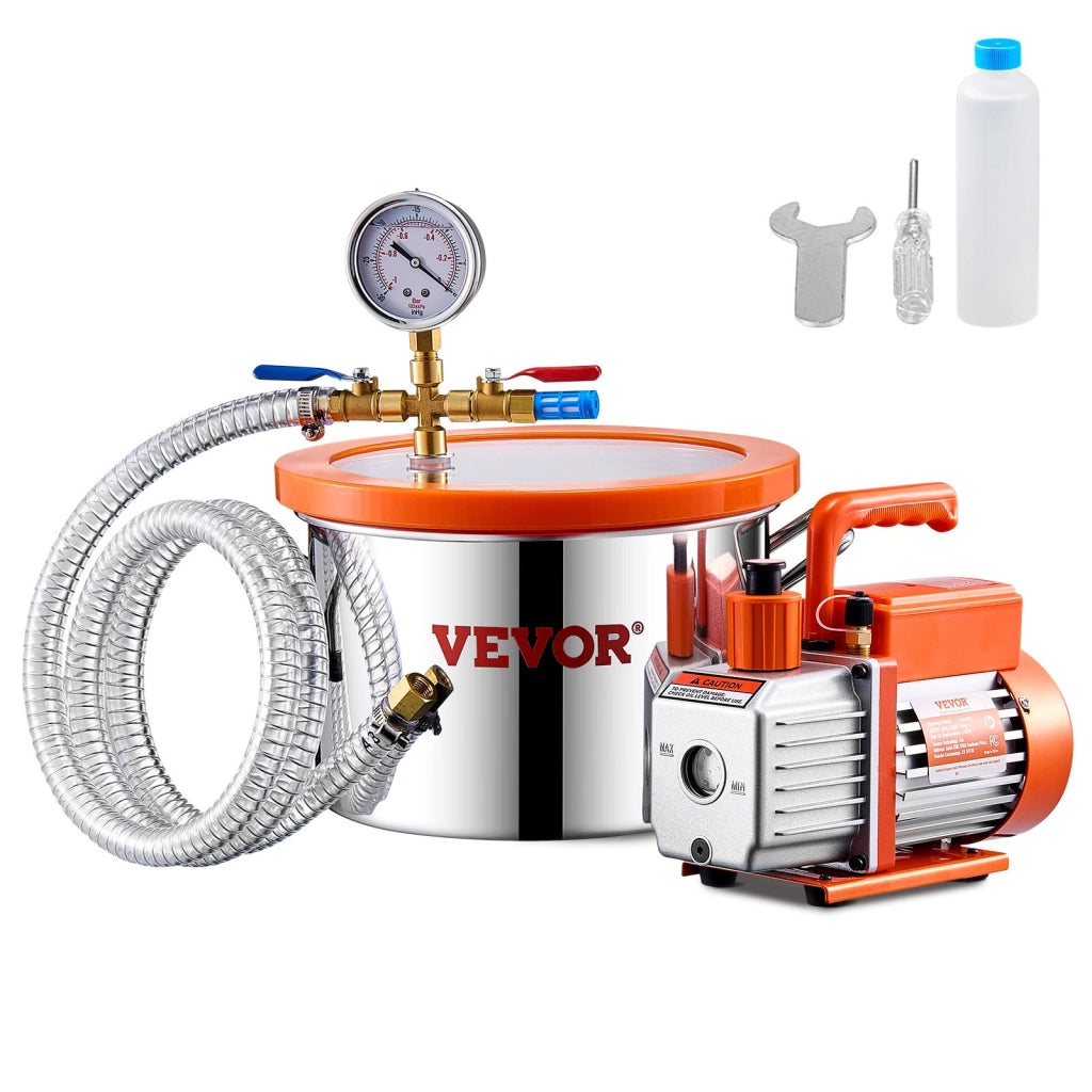 Kit Camera a Vuoto 5,67 L Pompa a Vuoto Monostadio 2,12L/s Acciaio Inox con Coperchio Olio Tubo Flessibile per Degasaggio Resina Epossidica Siliconica
