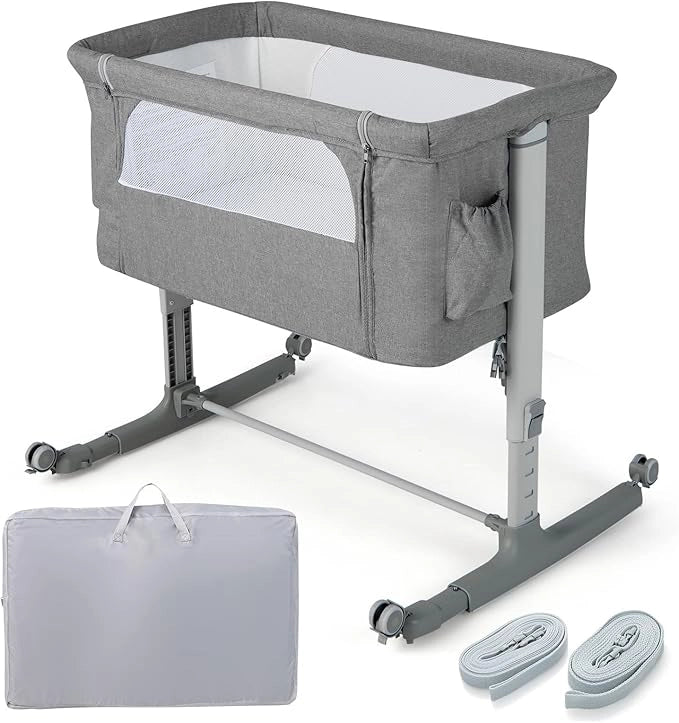 3 in 1 Lettino con Materasso Laterale Regolabile in 5 livelli, Culla per Neonato da Viaggio Mobile su Ruote con Tasca e Borsa per Trasporto (grigio chiaro)