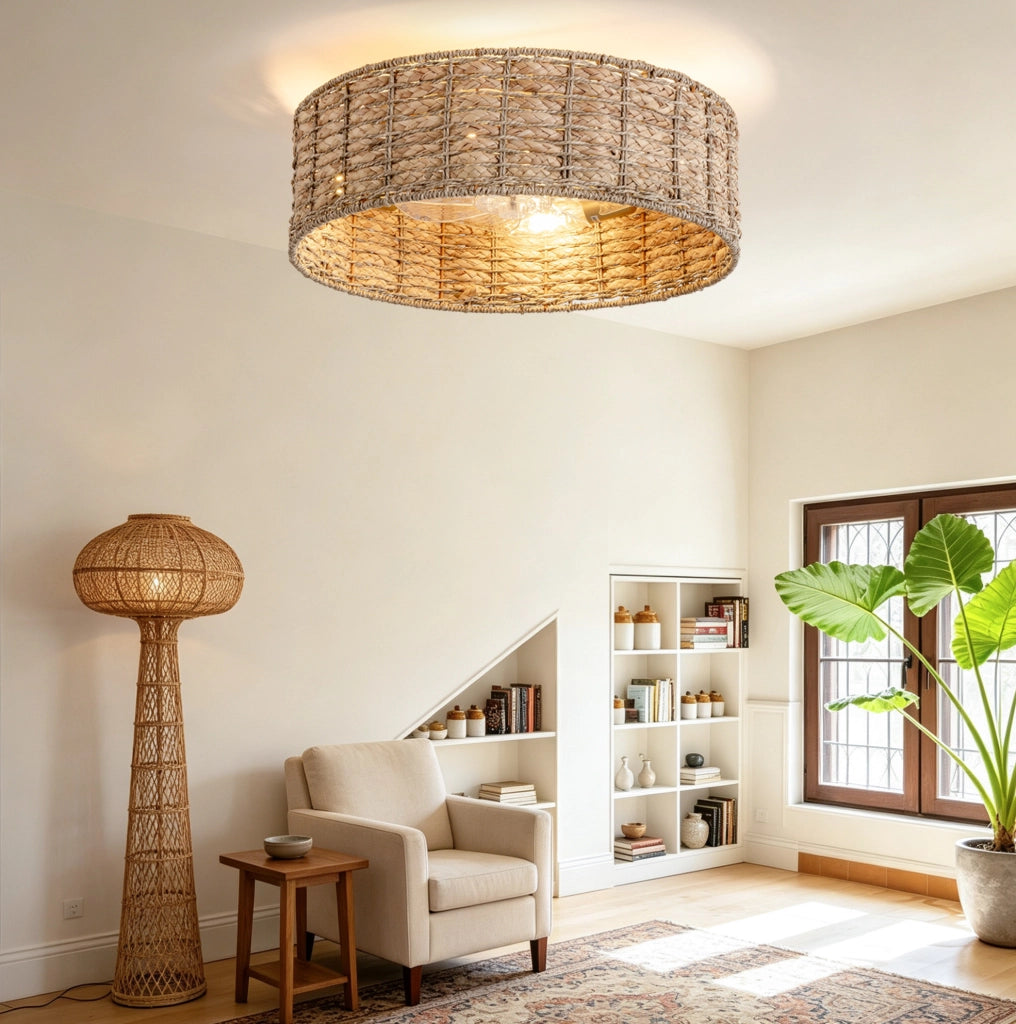 VENTILATORE da soffitto con luce in rattan color rame, controllo App e telecomando