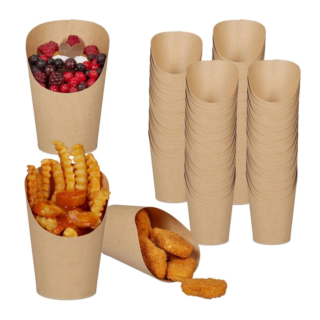 Set da 100 bicchieri porta patatine fritte multiuso per snack e dessert 12 x 6 cm in carta kraft marrone 13_0014750