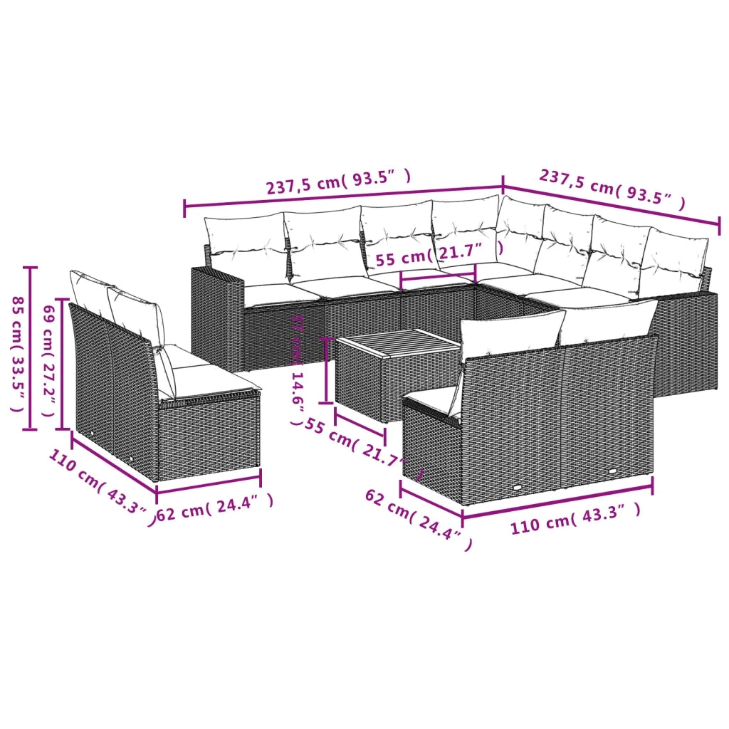 Set Divani da Giardino 12 pz con Cuscini Beige in Polyrattan