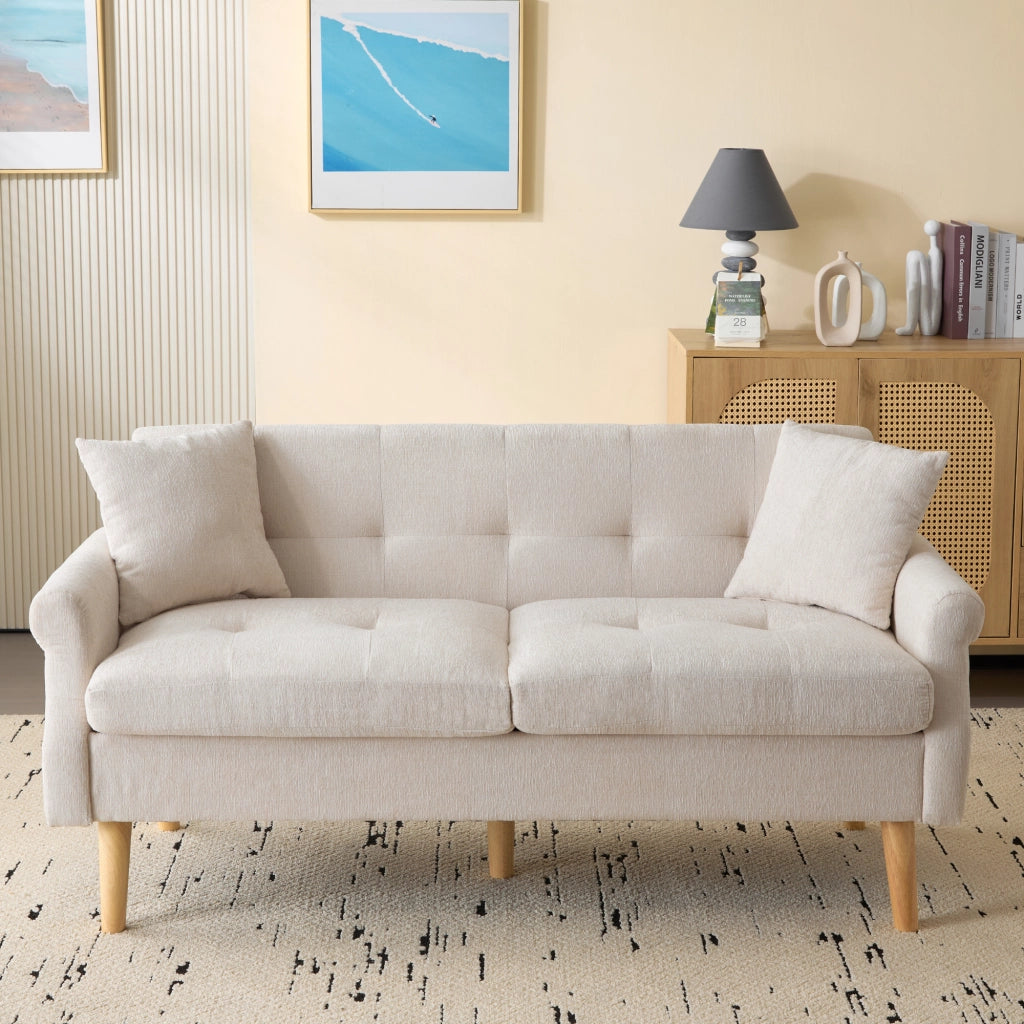 OKWISH Divano 2 Posti, Cuscini Inclusi, Seduta Imbottita da 15 cm e Braccioli Ergonomici, Ciniglia Beige