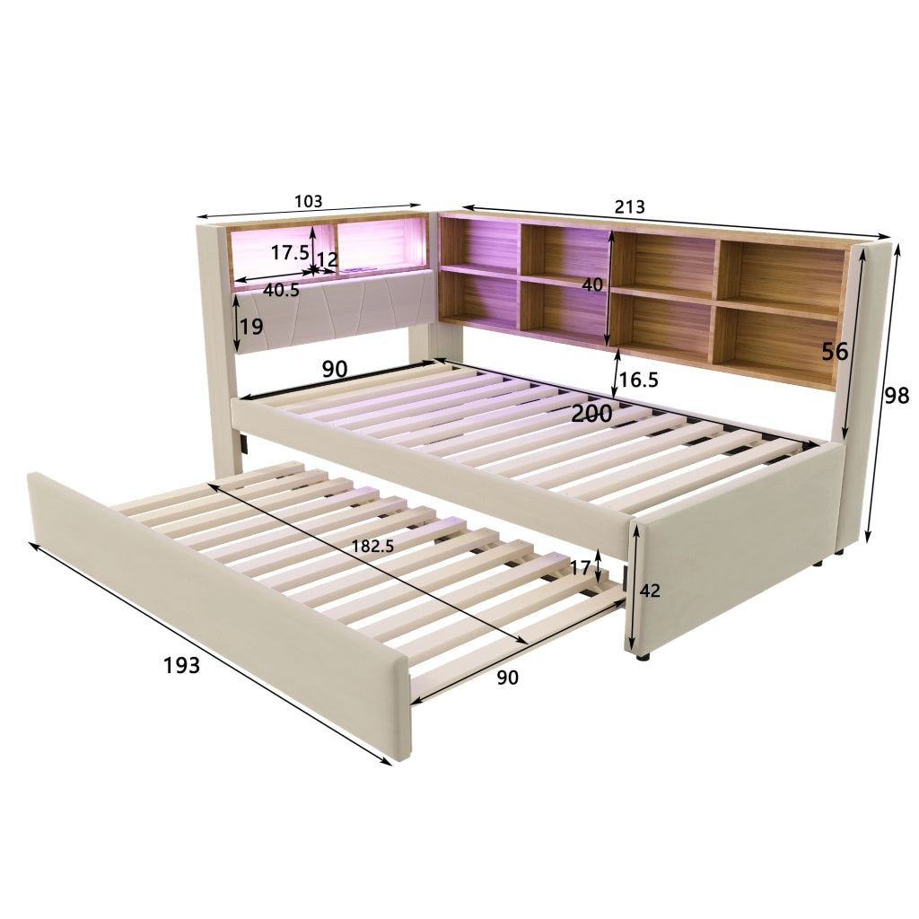 Divano letto con LED, prese e contenitore, 90x200+90x190 cm, flanella beige