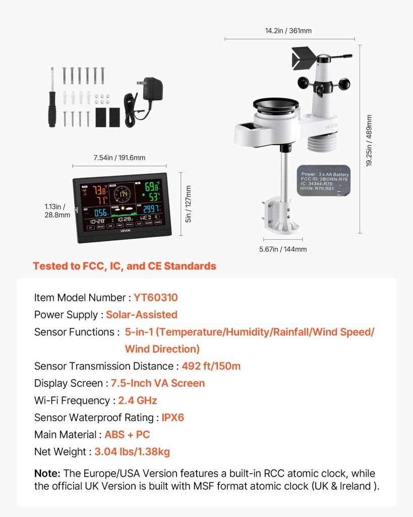 Stazione meteorologica wireless per casa e giardino YT60310, display VA da 190,5 mm, sensore solare 5 in 1 IPX6, raggio 150 m