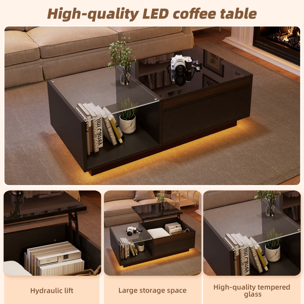 Tavolino da Caffè Alzabile con LED; Vano Nascosto e 2 Cassetti per Soggiorno in Truciolare Nero 100×50×33 cm