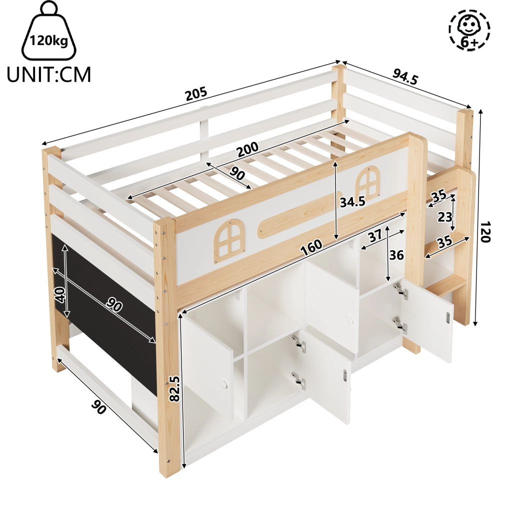 letto semialto mdf pino bianco naturale 90 x 200 cm