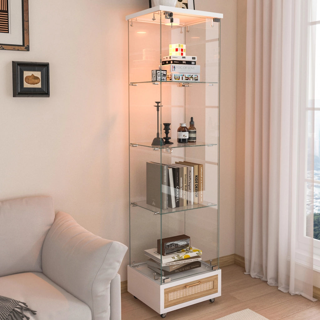 Vetrina con LED a 13 colori e 4 ripiani in vetro temperato MDF bianca con cassetti e ruote 42.5 × 36.5 × 167 cm