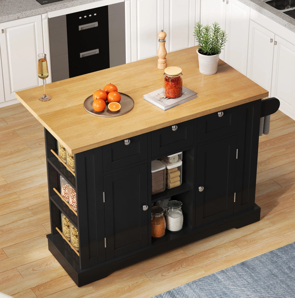 ISOLA DA CUCINA 132x40(70)x87 cm MDF Naturale e Nero con ruote e presa USB