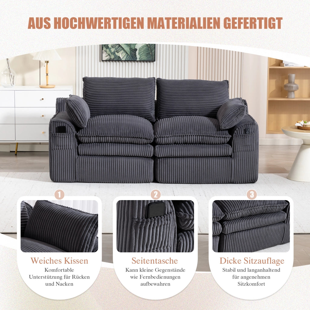 Divano 2 posti in velluto a coste grigio scuro con cuscini tasche laterali e molle integrate 191 × 94 × 85 cm