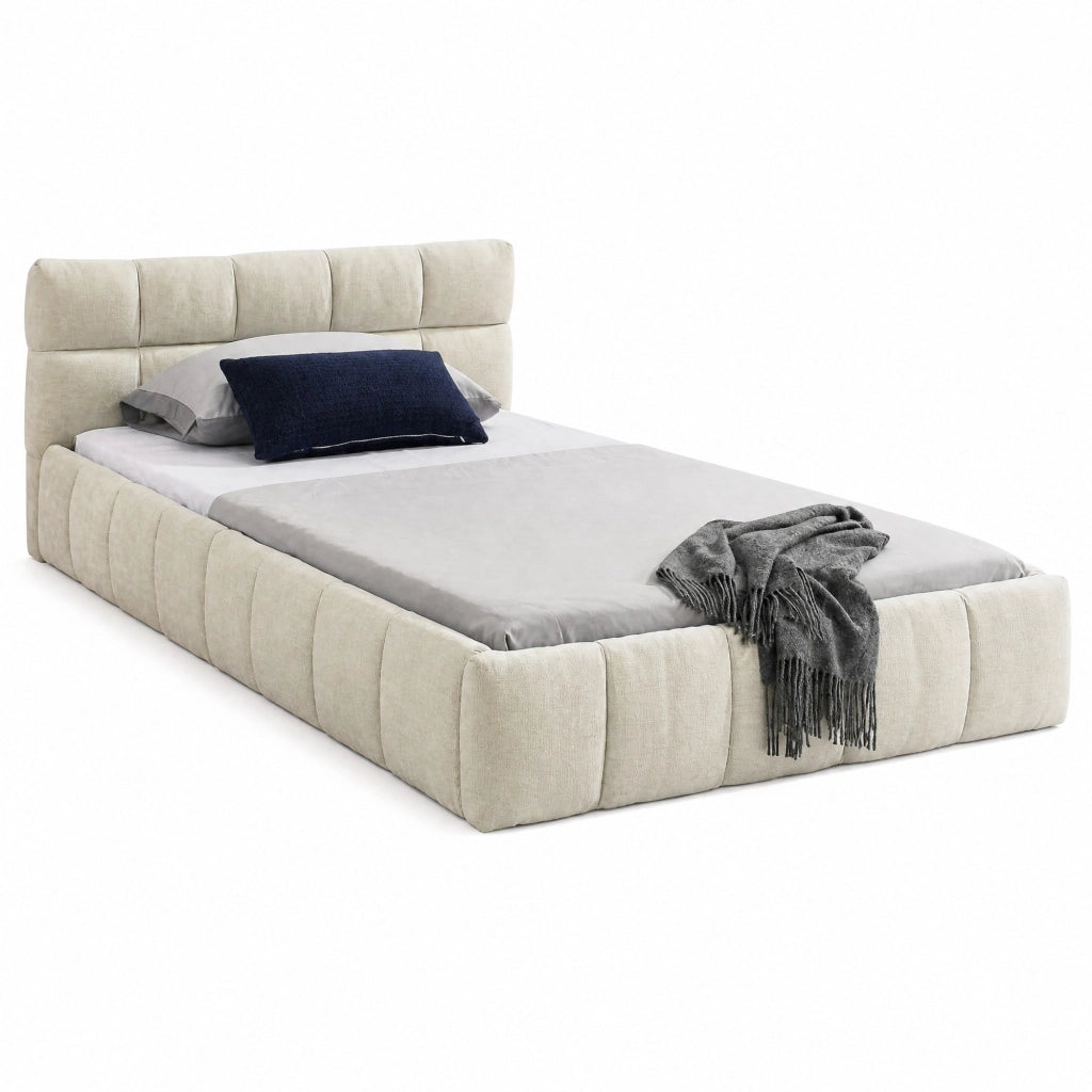 Letto singolo 90x200 cm per bambini con rivestimento in ciniglia beige, struttura in legno di eucalipto e telaio in ferro robusto, facile da montare (senza materasso)
