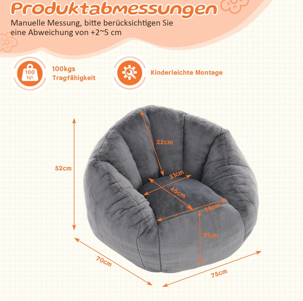 Pouf a sacco ULEVR in peluche grigio 37x33x25 cm, seduta per cameretta e angolo lettura