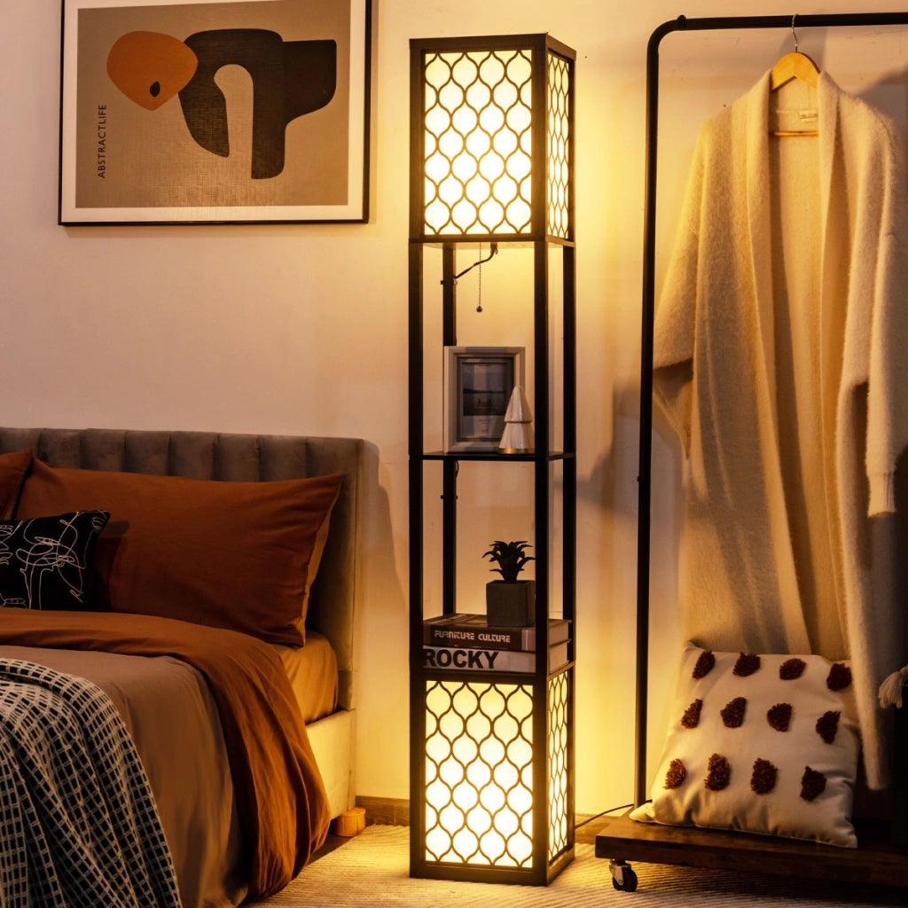 Lampada a stelo e scaffale moderno con interruttore a pedale e a catena-Mensole Doppia lampada con 2 ripiani di legno