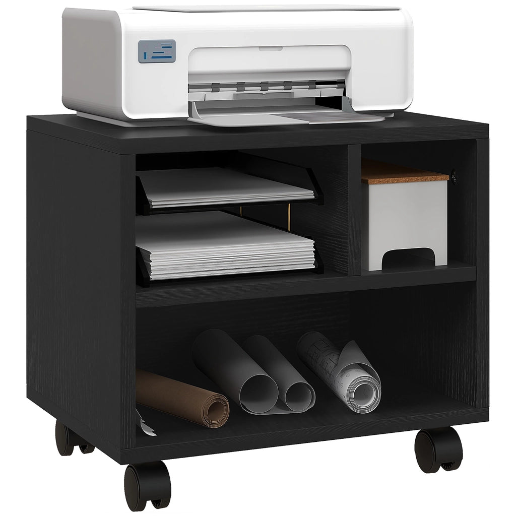 Mobiletto Porta Stampante da Ufficio con Ruote, Carrello Salvaspazio con 3 Scomparti Aperti, 40 x 30 x 36 cm, Nero