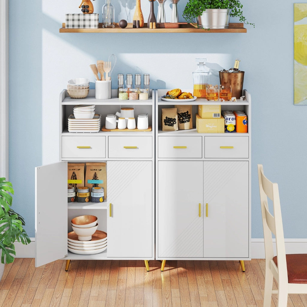 Mobile dispensa 113 cm con ante 2 cassetti e ripiano regolabile per bagno, Armadio da cucina sala da pranzo soggiorno Bianco-Credenze buffet