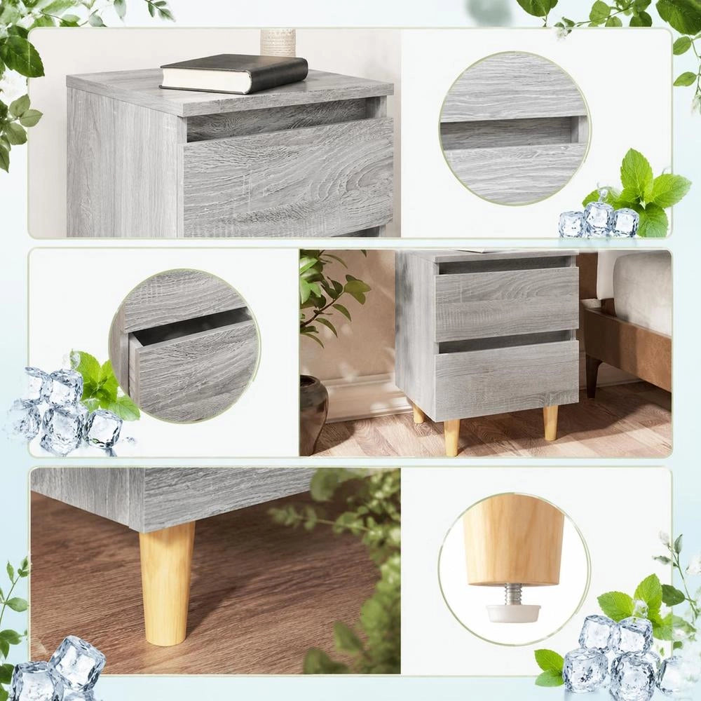 Bedside Table With Solid Wood Legs (2 Pieces), Sonoma Gray, 40x35x50cm
