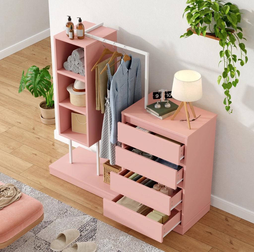 Mobile contenitore rosa con 4 cassetti; 3 ripiani aperti e barra appendiabiti