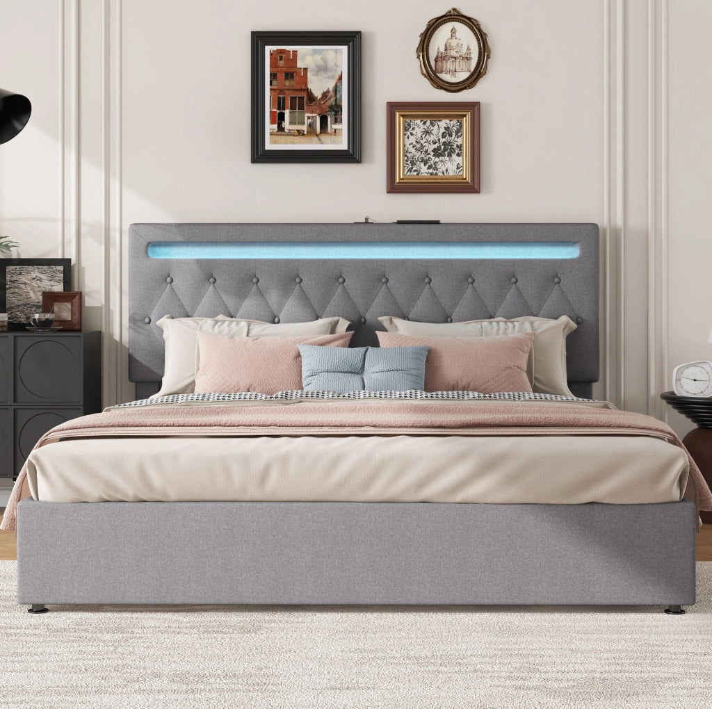 Letto imbottito 180x200 cm con contenitore, LED e porte USB