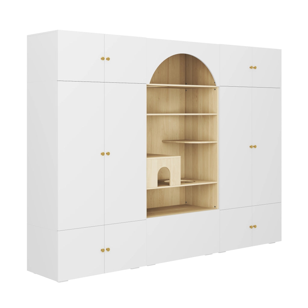 Armadio 270 x 50 x 200 cm con spazio per animali; parete da arrampicata per gatti; cuscino per animali; 1 asta appendiabiti; bianco/effetto legno