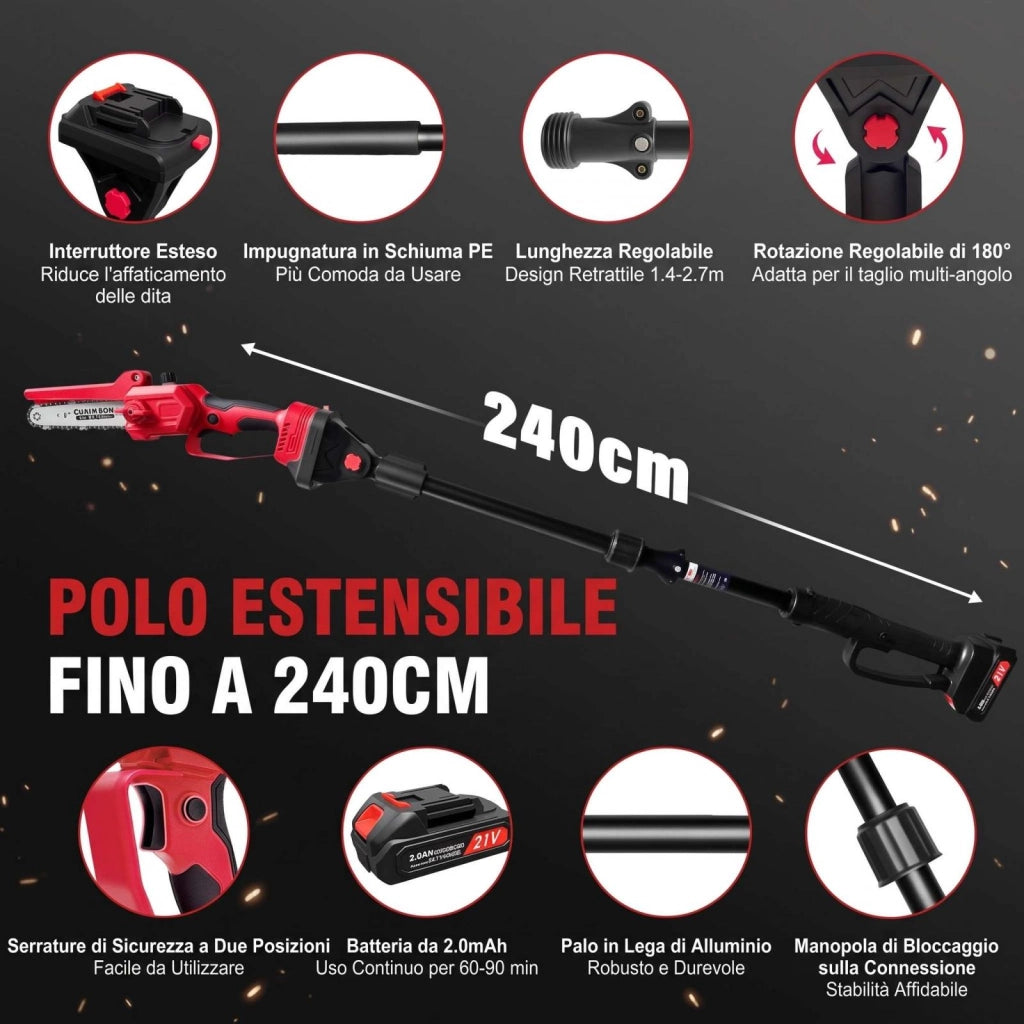 Sega elettrica, sega per rami, sega elettrica a batteria, 21 V, braccio telescopico, 2 batterie