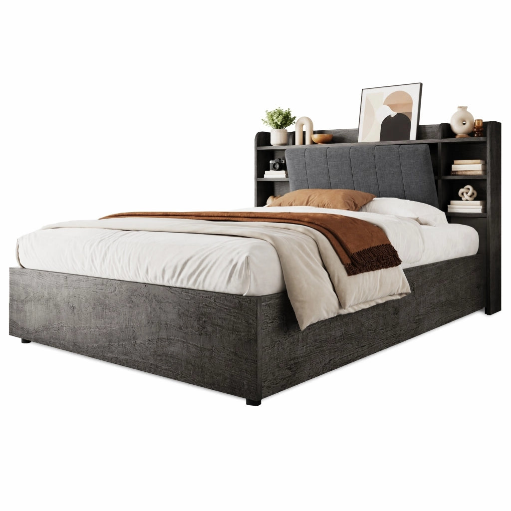Letto contenitore 180 × 200 cm con sollevamento idraulico testiera con vani USB e Type-C in MDF grigio