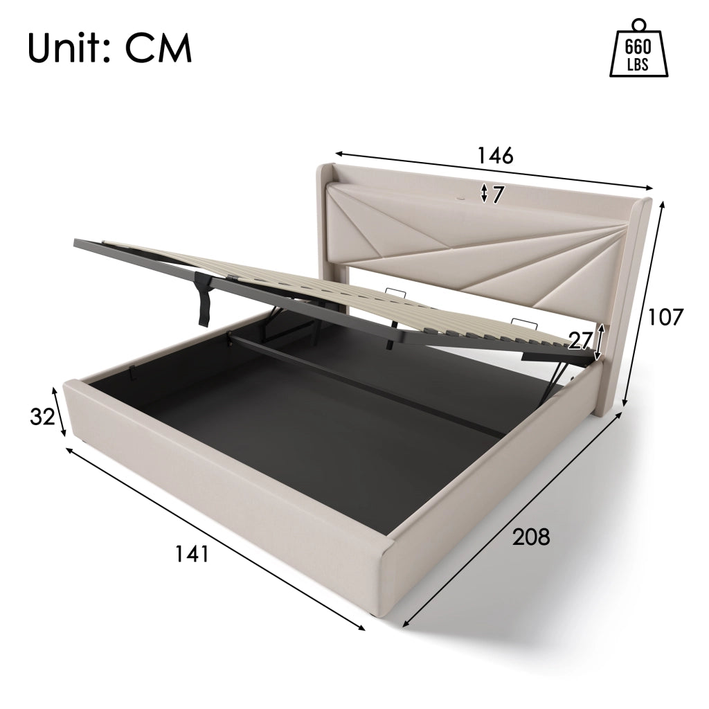 Letto contenitore matrimoniale 140×200 cm con USB; porta di ricarica tipo C e testiera imbottita; senza materasso; beige