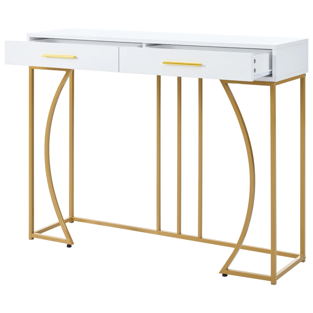 Tavolo consolle da ingresso con cassetto, struttura in metallo, piano in MDF, bianco, 60 kg, 110x32x85 cm