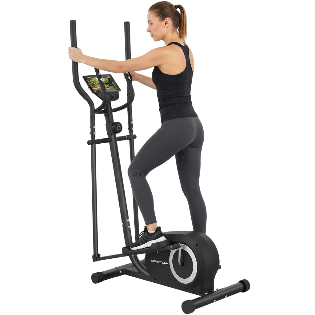 Bici Ellittica Grigia Robusta, Schermo LCD, 8 Livelli di Resistenza, Sensore Cardio, Bluetooth, Supporto per Telefono, 100x52x153cm, per Casa