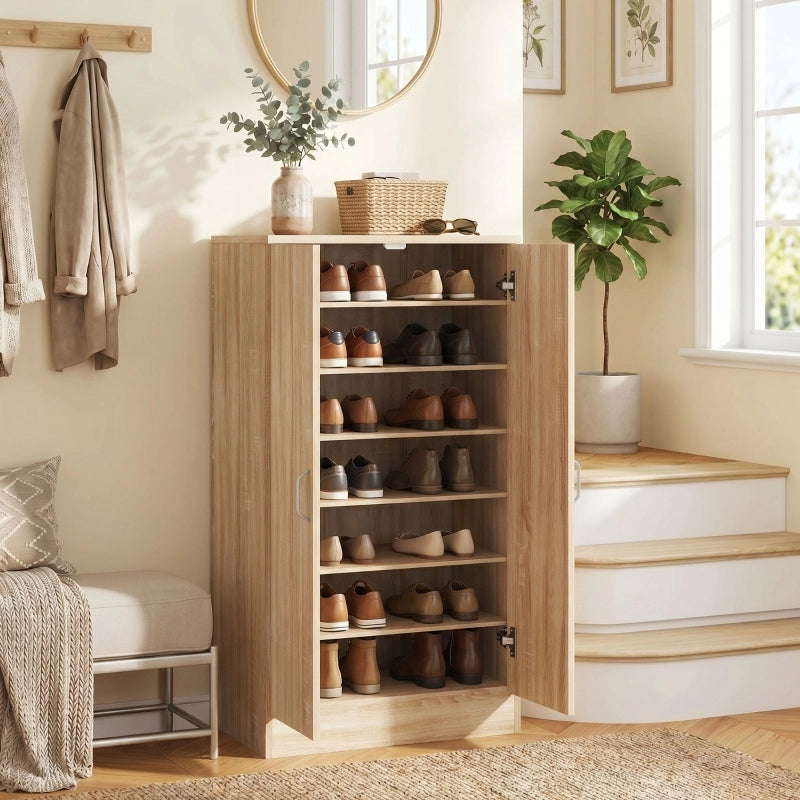 Scarpiera con 2 ante per 14 paia scarpe ¨C Minimal ¨C Legno naturale, 6 ripiani regolabili con chiusura ammortizzata