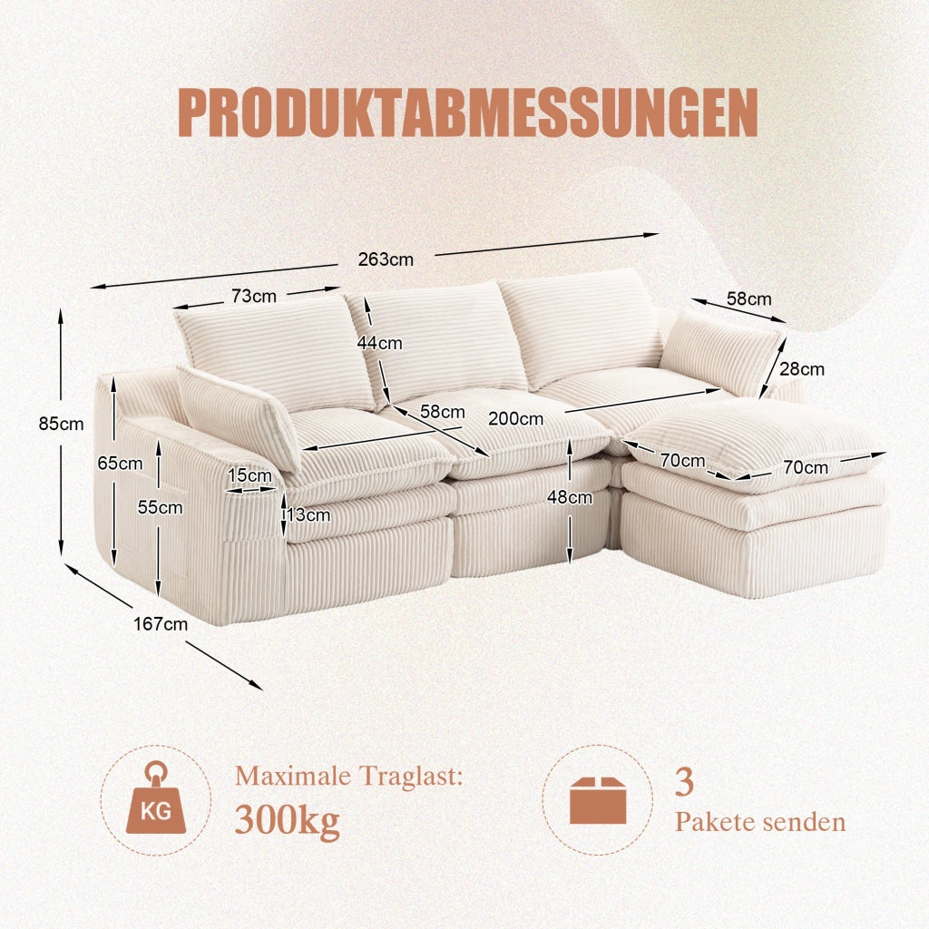 Divano 3 Posti con Poggiapiedi e Cuscini in Tessuto ¨C MINIMAL ¨C Beige