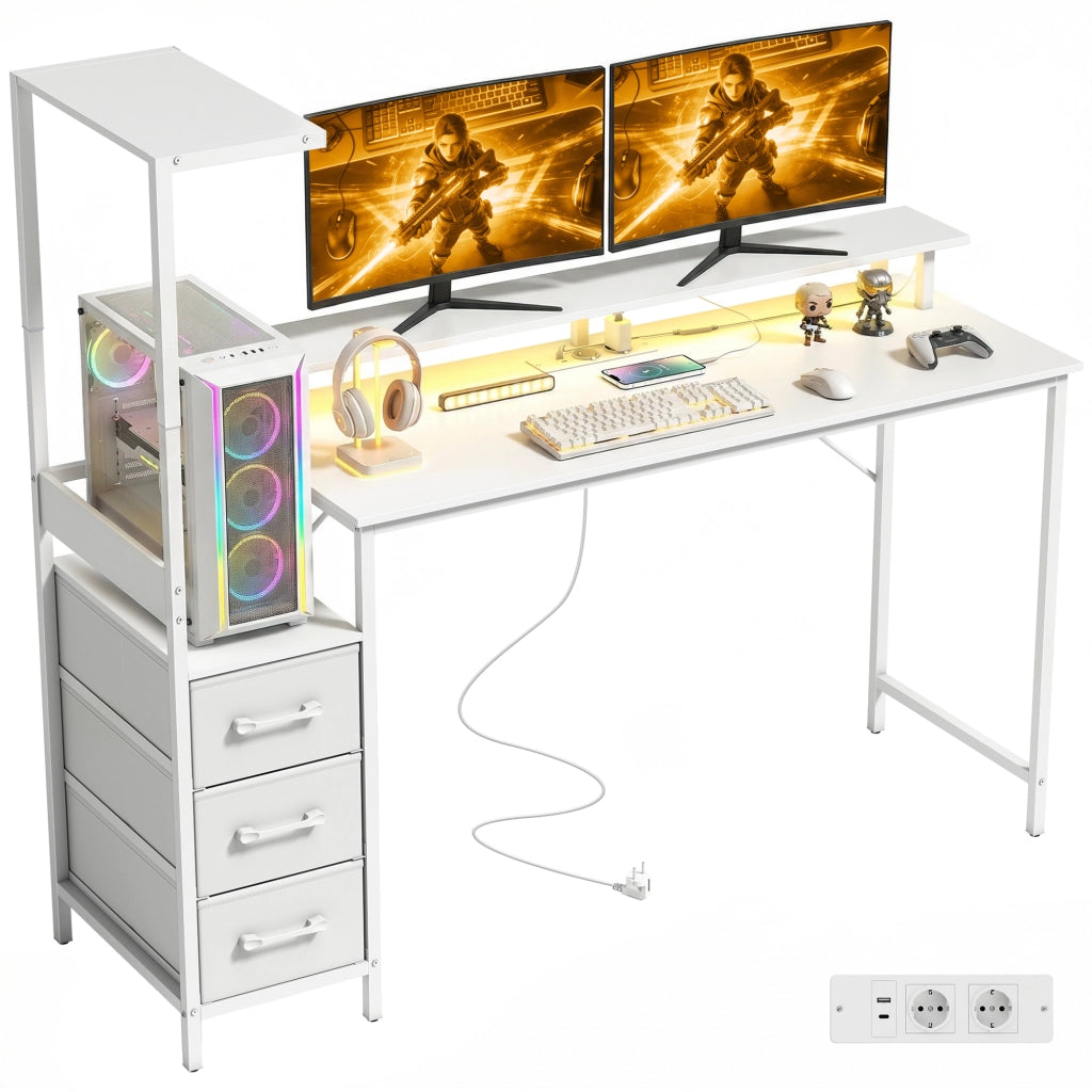 Scrivania Gaming 147 cm, Tavolo per Computer con Supporto CPU Regolabile e Reversibile, Luci RGB, Prese di Alimentazione, Porte USB e USB-C, Supporto Monitor e 3 Cassetti in Tessuto, Bianco