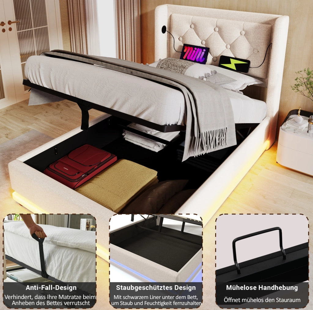 Letto contenitore 90 × 200 cm beige in cotone con LED; USB e Type-C