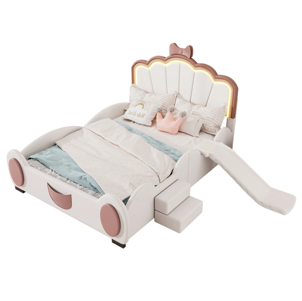 Letto per bambini 140x200 cm a farfalla rosa e bianco con LED, scala e scivolo
