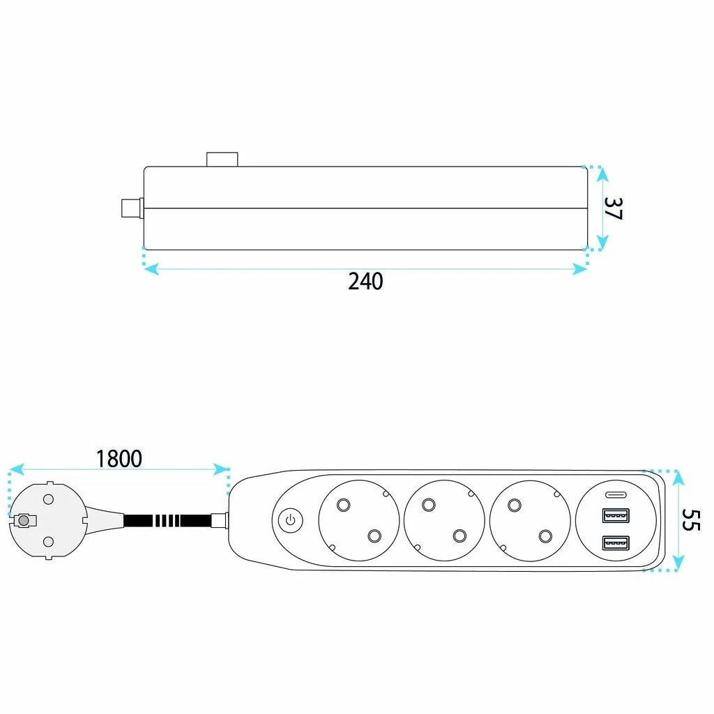 Multipresa Con Prolunga, 3 Prese + 2 Porte Usb-a + Usb-c Jnh024-3b Black