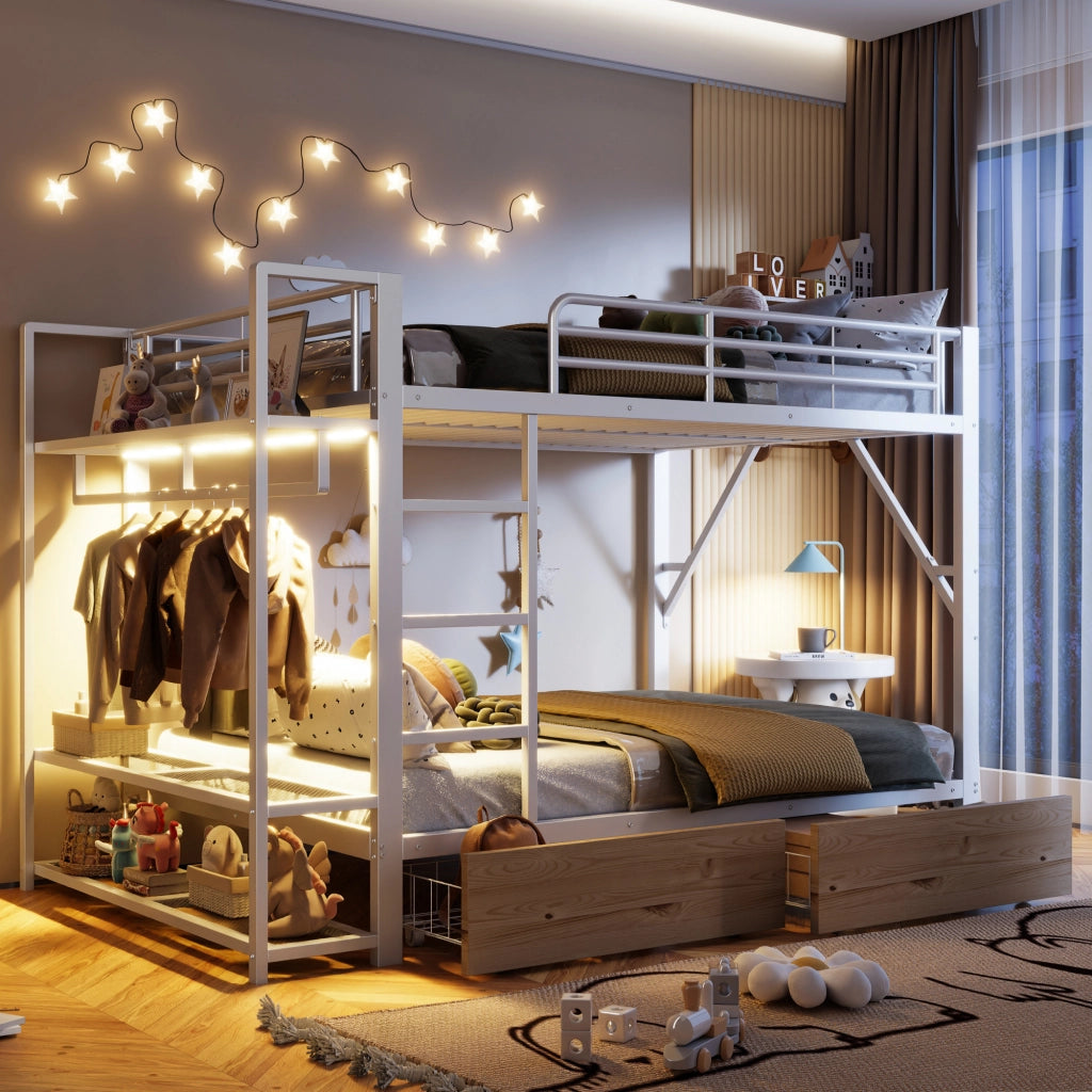 Letto a Castello con LED e Cassetti ¨C MINIMAL ¨C Bianco, 140x200