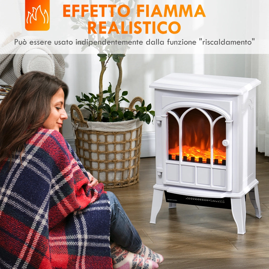 Camino da Terra Elettrico Potenza 1000W / 2000W con Effetto Fiamma Regolabile, 39x23x56.5cm, Bianco