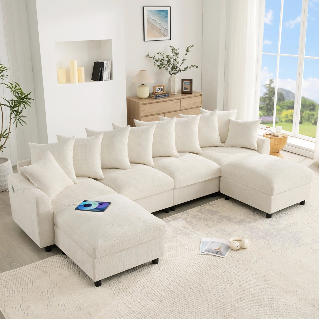 Divano modulare 6 posti a U o L con 2 pouf prese USB e Type-C 8 cuscini regolabili in ciniglia beige