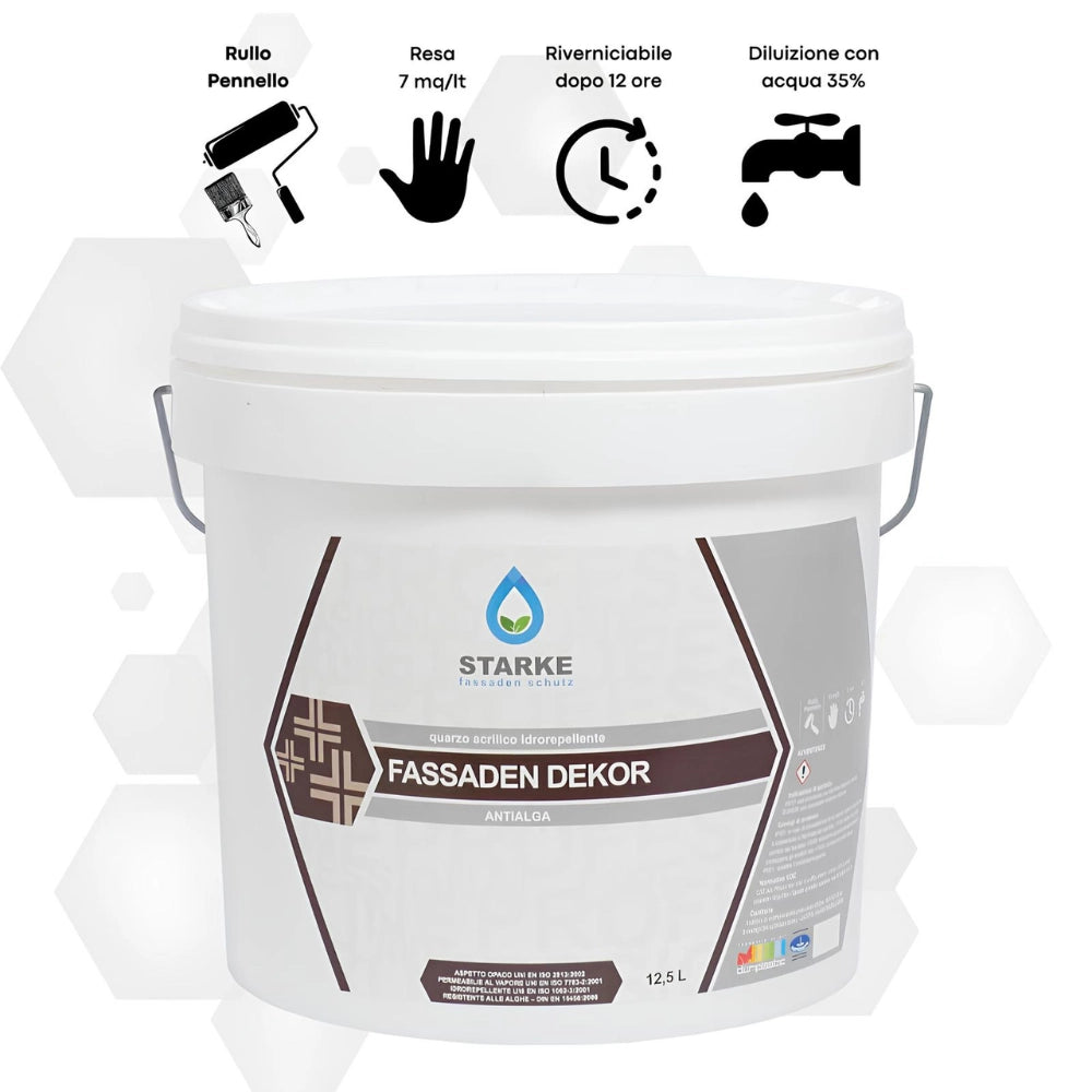 Quarzo fine fassaden dekor acrilico coprente idrorepellente antialga antimuffa *** formato 12.5 lt, confezione 1