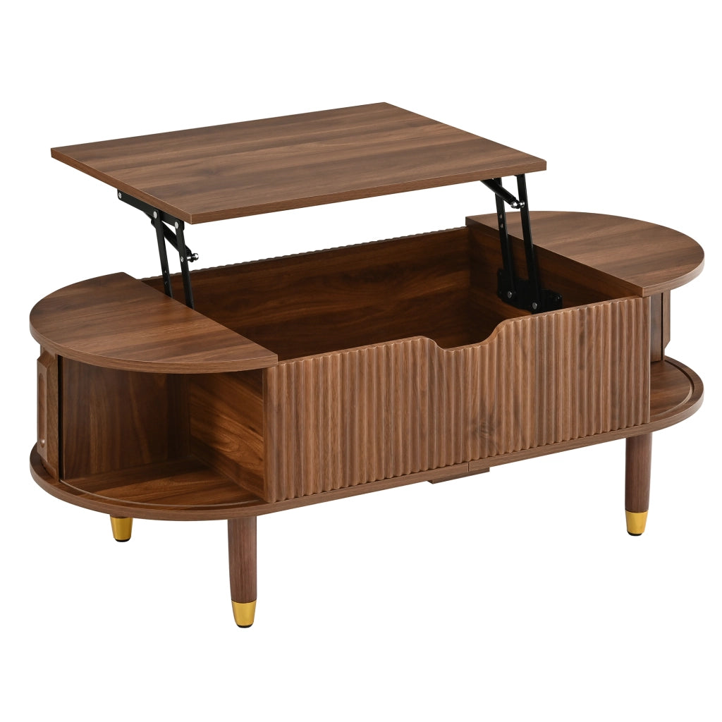 Desviae Tavolino basso ovale con piano sollevabile idraulico e ante scorrevoli MDF noce con piedi in legno 110 × 48 × 57 cm