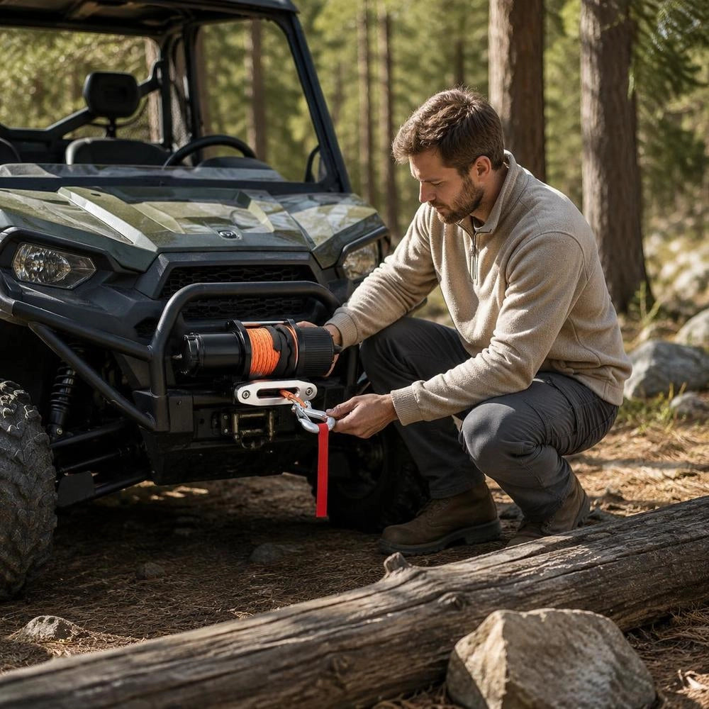 Electric Winch, 2048 Kg Pulling Force, 12 V DC For Off-road Vehicles/UTVs, With 12-strand Synthetic Rope (Φ1/4 Inch X 39 Feet), Aluminum Rope Guide, Remote Controls, IP55 Water Resistance