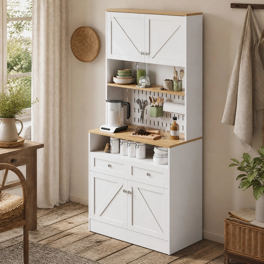 Sideboard bianco con 2 cassetti e 4 ante, design stile fienile, 80x40x175 cm