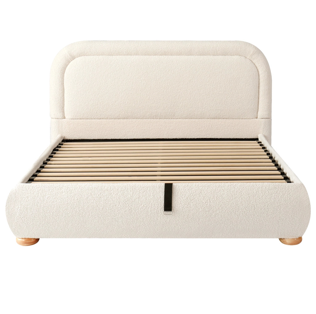 Letto imbottito con contenitore idraulico e rete a doghe; bouclé beige; 216 × 157 × 97 cm