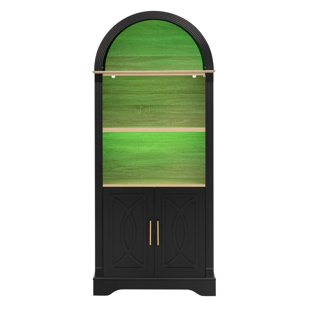 Credenza alta con LED ripiano regolabile 2 ante e 3 vani aperti in MDF nero per cucina soggiorno 76,2 × 40,1 × 180 cm