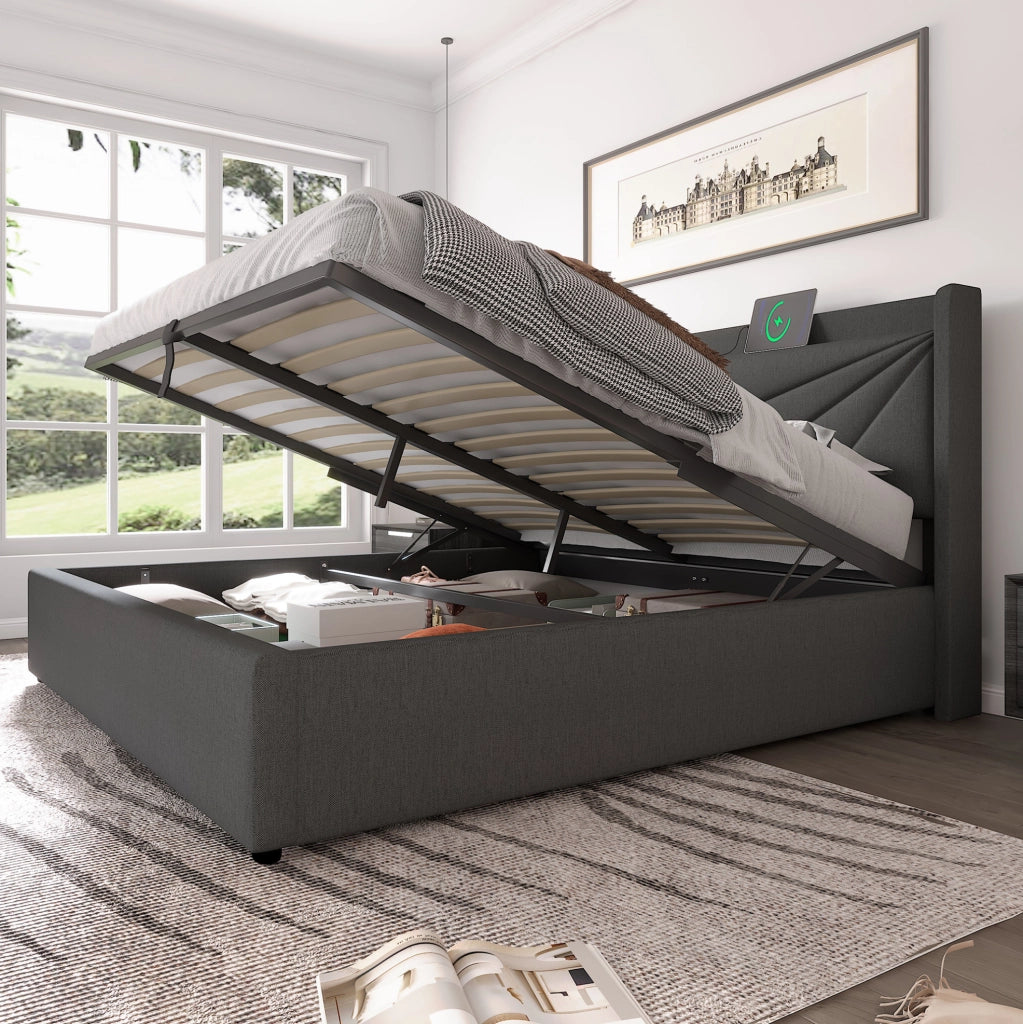 Letto matrimoniale 160x200 grigio con vano contenitore, USB e Type-C
