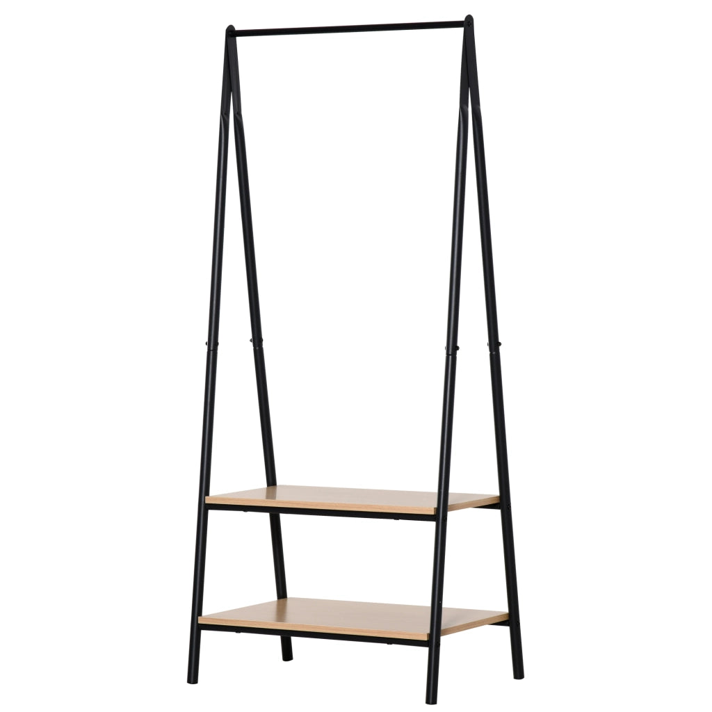 Appendiabiti salvaspazio per casa, triangolare contemporaneo, 2 ripiani MDF legno chiaro acciaio nero, 64L x 43l x 149H cm, robusto