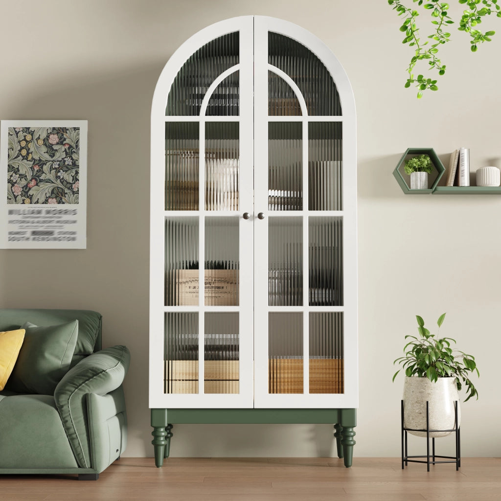 Vetrina ad arco con ante doppie in vetro rigato tre ripiani MDF verde scuro e bianco portata 60 kg 76 × 38.5 × 165 cm