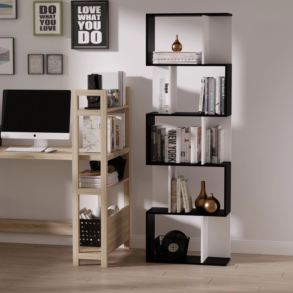 Libreria a 5 Ripiani con Divisorio ¨C Xylo ¨C Legno Bianco e Nero 60x24x184.5 cm